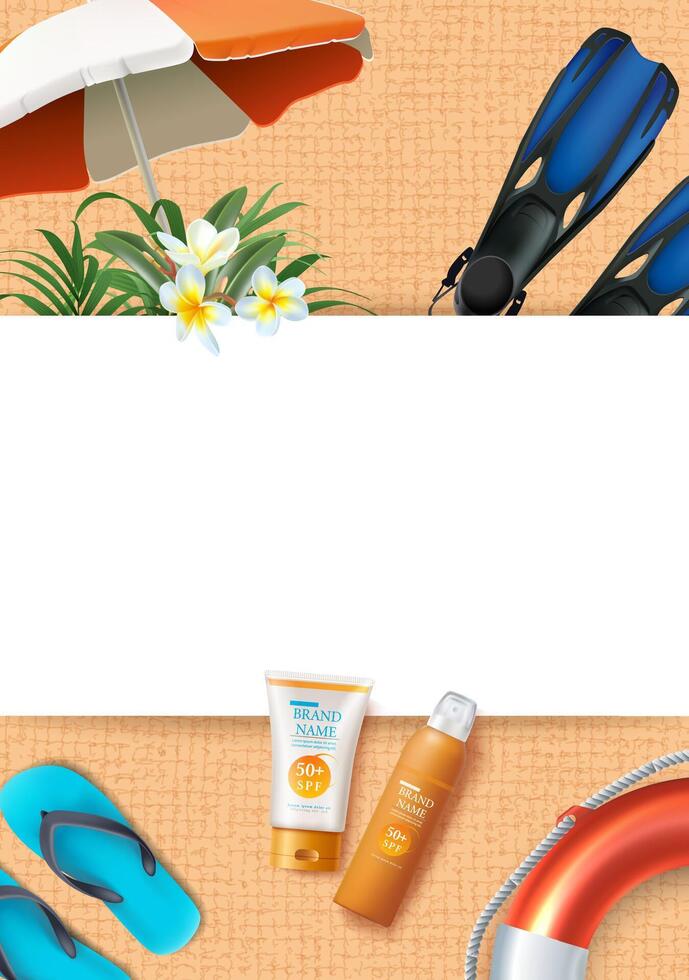 3d realista vector ilustración. verano spf productos cosméticos bandera con toalla textura parte superior vista. paraguas, crema, sandalias, vida tuya,