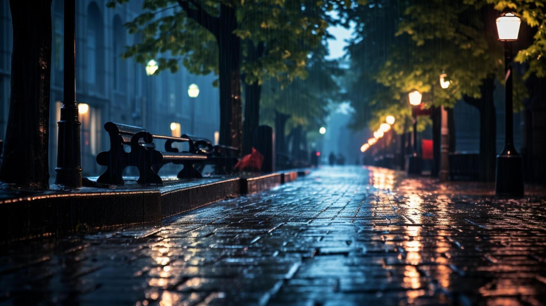 AI generated Rainy Sidewalk Walks Background photo