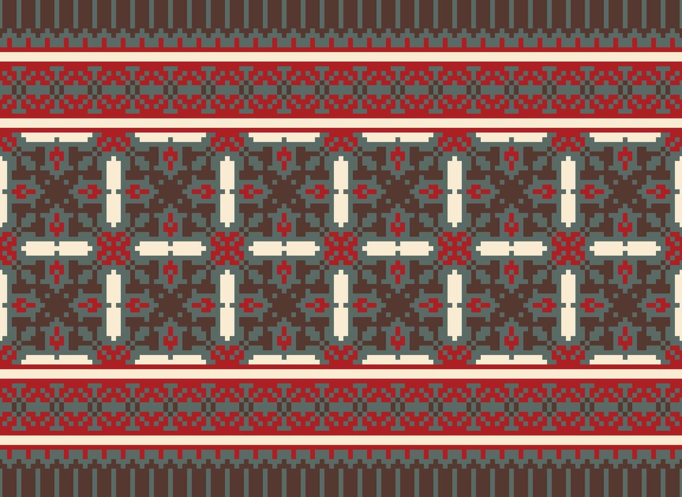 Cross Stitch. Pixel. Geometric ethnic oriental seamless pattern traditional background. Aztec-style abstract vector illustration. Design for textile, curtain, carpet, wallpaper, clothing, wrapping