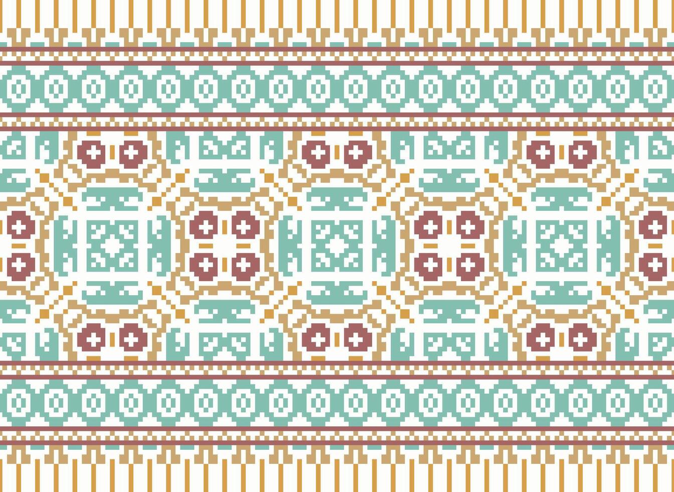 Cross Stitch. Pixel. Geometric ethnic oriental seamless pattern traditional background. Aztec-style abstract vector illustration. Design for textile, curtain, carpet, wallpaper, clothing, wrapping