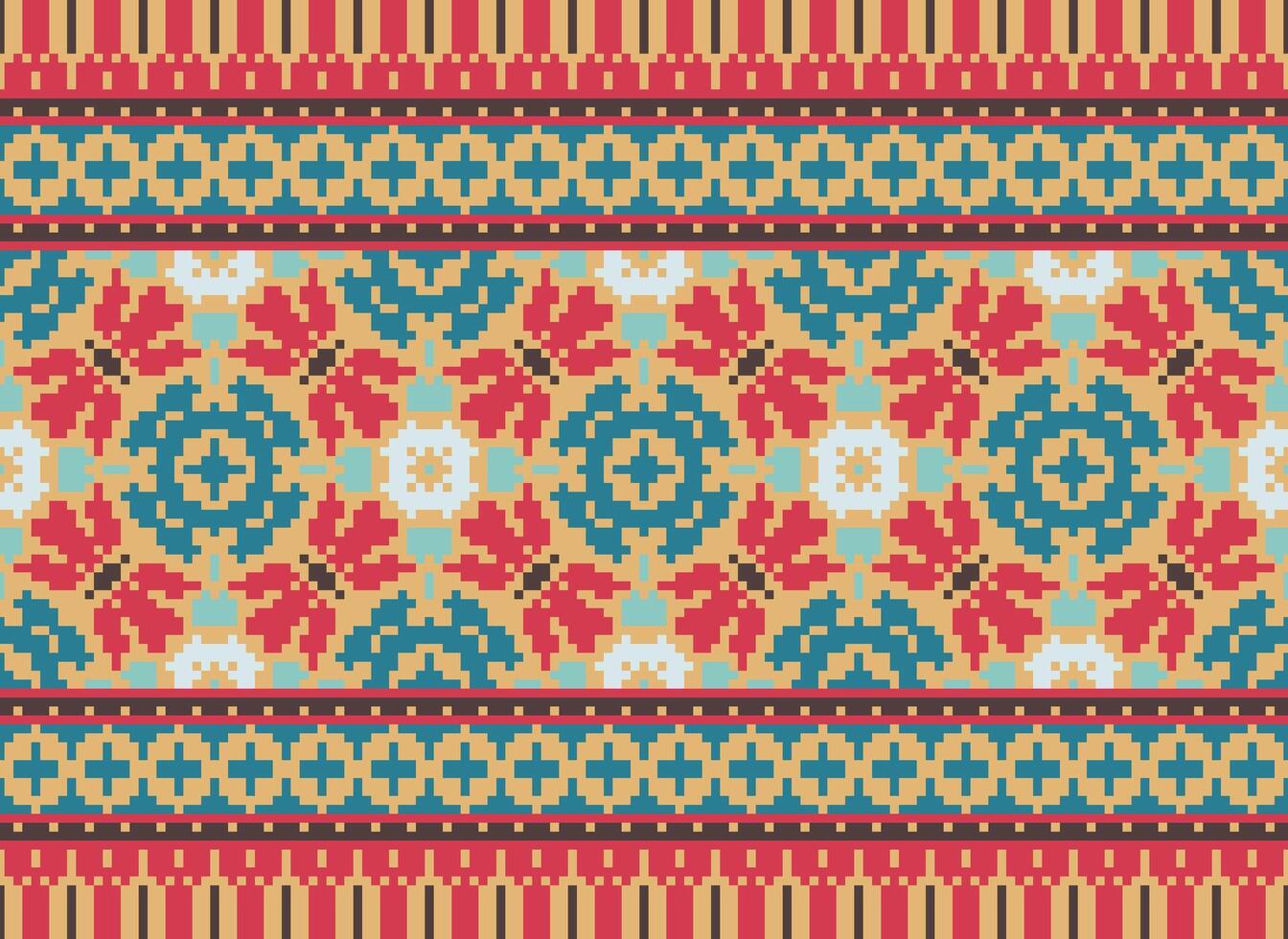 Cross Stitch. Pixel. Geometric ethnic oriental seamless pattern traditional background. Aztec-style abstract vector illustration. Design for textile, curtain, carpet, wallpaper, clothing, wrapping