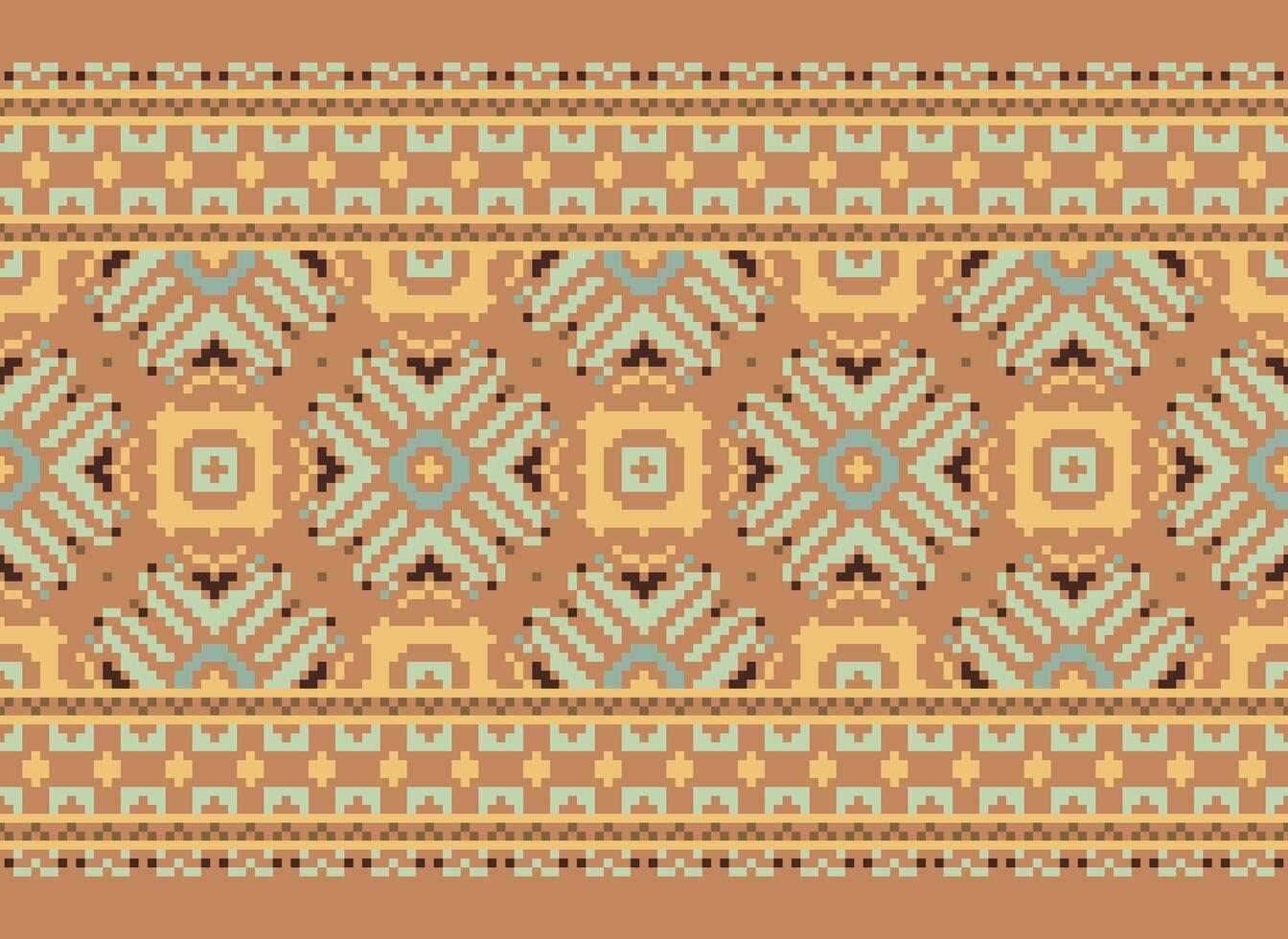 Cross Stitch. Pixel. Geometric ethnic oriental seamless pattern traditional background. Aztec-style abstract vector illustration. Design for textile, curtain, carpet, wallpaper, clothing, wrapping