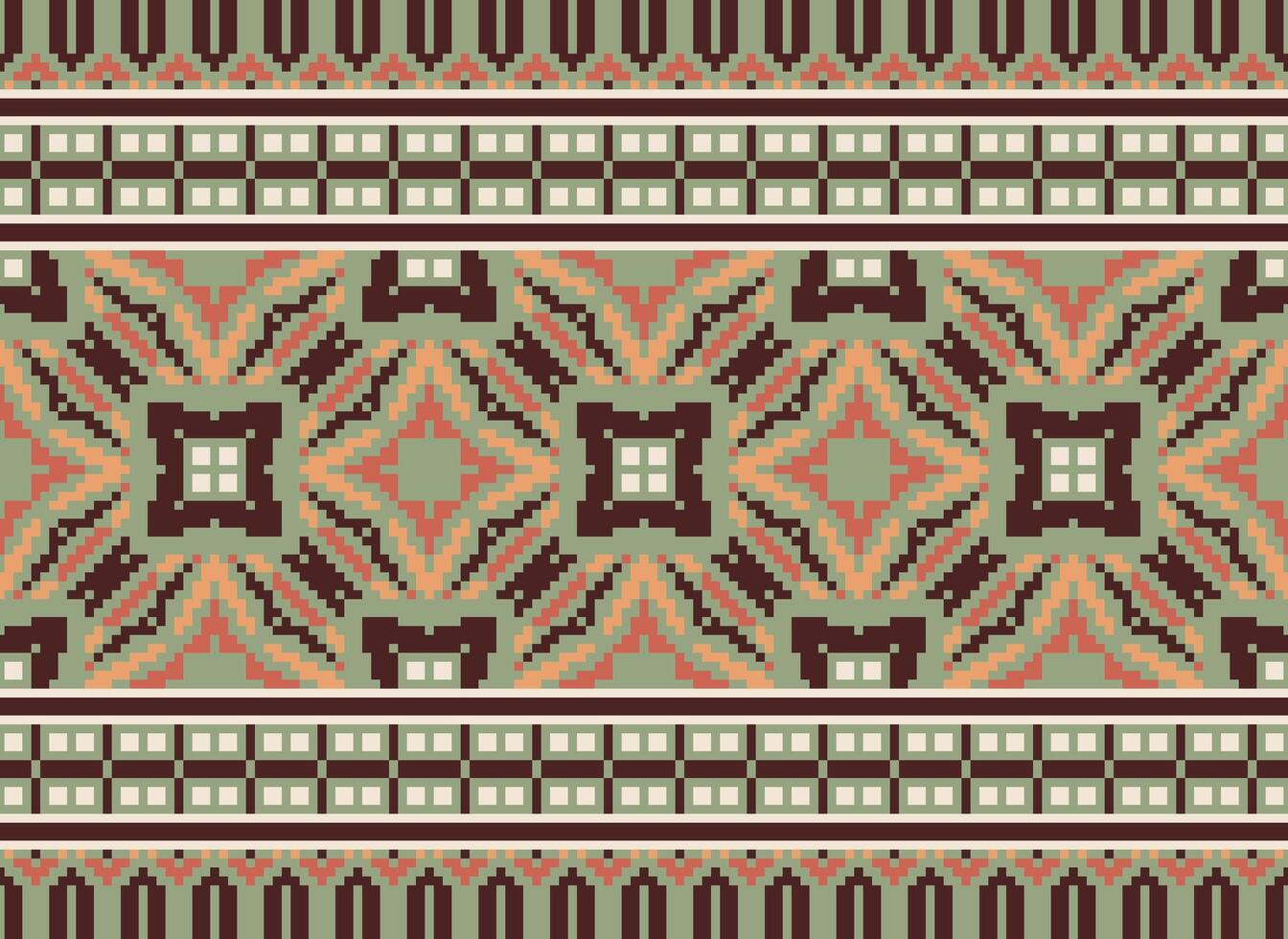 Cross Stitch. Pixel. Geometric ethnic oriental seamless pattern traditional background. Aztec-style abstract vector illustration. Design for textile, curtain, carpet, wallpaper, clothing, wrapping