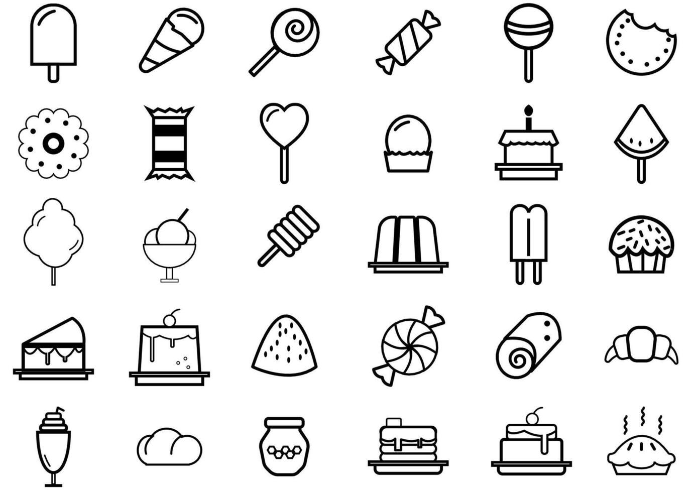 Food and dessert icons collection set.Included icons such as meat,desserts,fruits and breakfast burger with sausage,ice cream on stick.Vector meal and food concept. vector