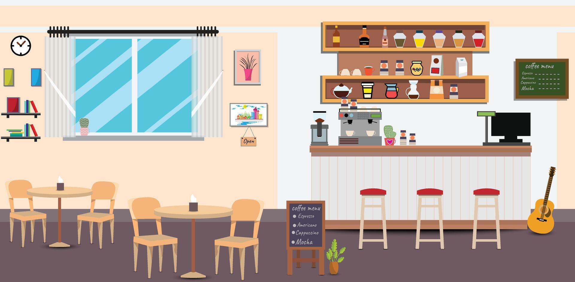 Coffee shop.Empty Cafe bar counter for serving coffee with cash box and menu board.sweet desserts,wooden counter, stools,sofas,Vector Coffee Shop and Cafe concept. vector