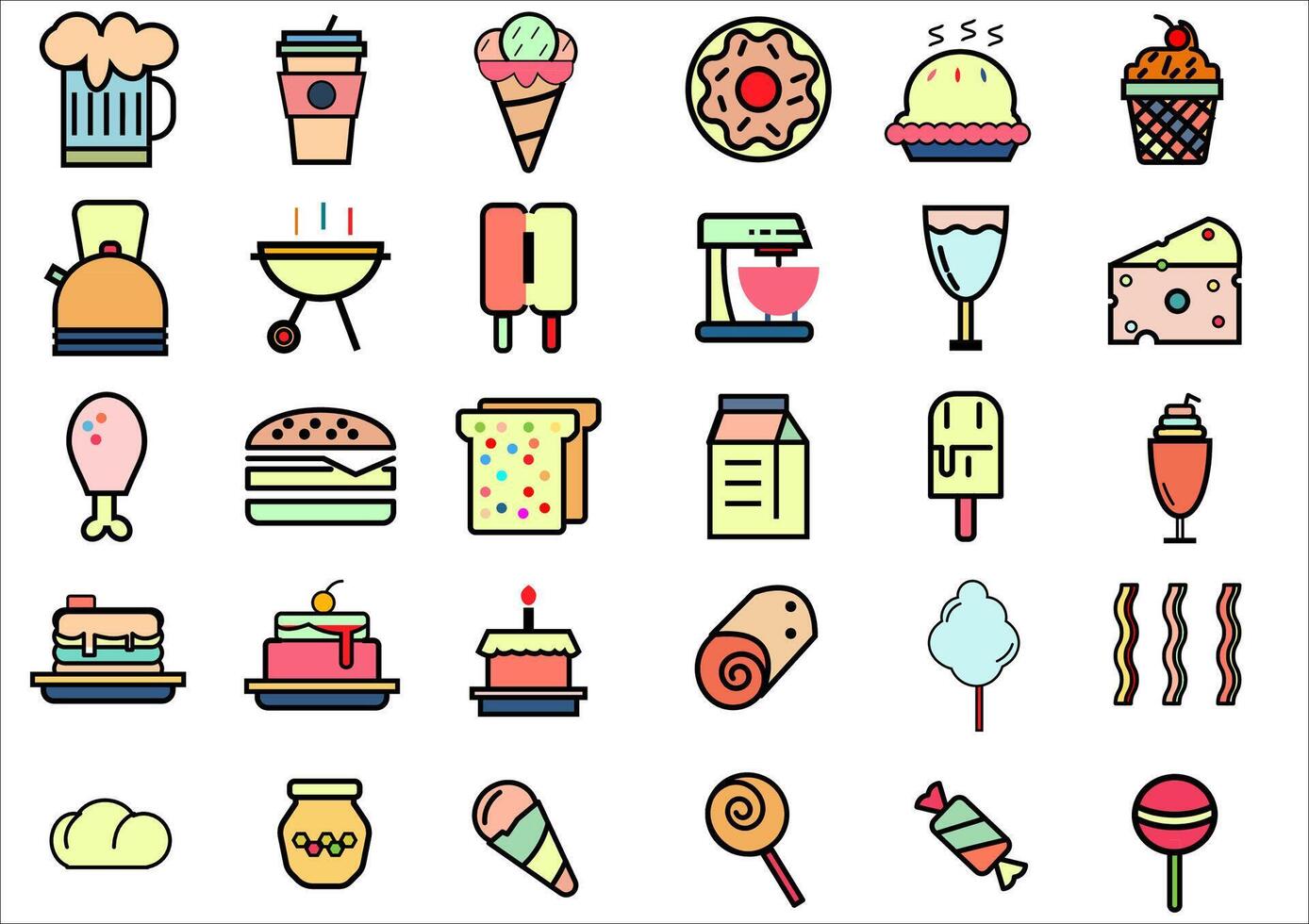 Food and dessert icons collection set.Included icons such as meat,desserts,fruits and breakfast burger with sausage,ice cream on stick.Vector meal and food concept. vector