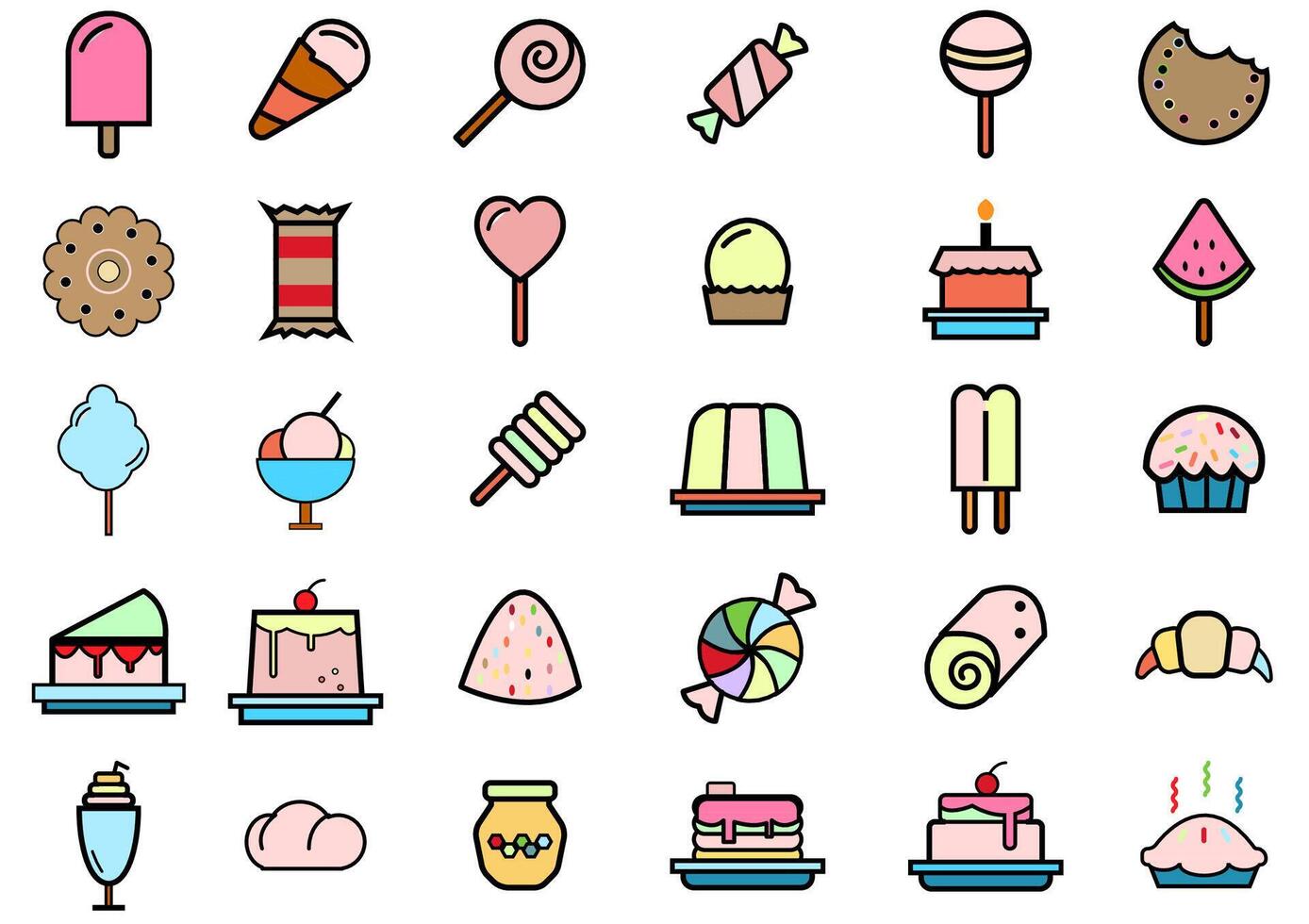 Food and dessert icons collection set.Included icons such as meat,desserts,fruits and breakfast burger with sausage,ice cream on stick.Vector meal and food concept. vector