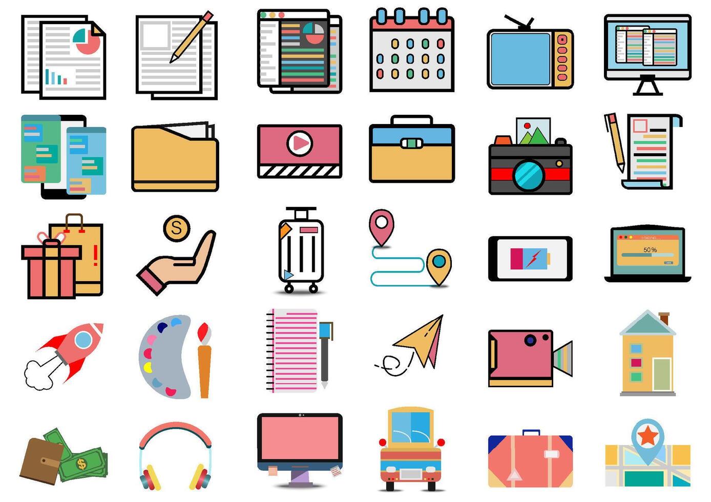 Education and business icons set.Modern study and Entertainment online,paper,college,travel,Vector technology and Back to school concept. vector