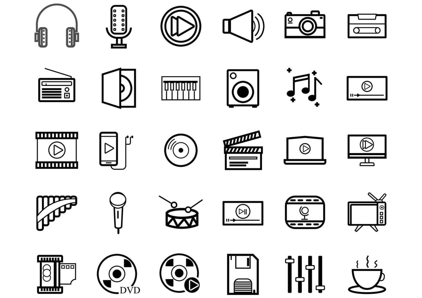 Music and Entertain icons set.Set of 30 icons for sound  such as cup of Coffee,Tv, equalizer,CD,DVD,computer,music note, loudspeaker.Vector voice and melody concept. vector