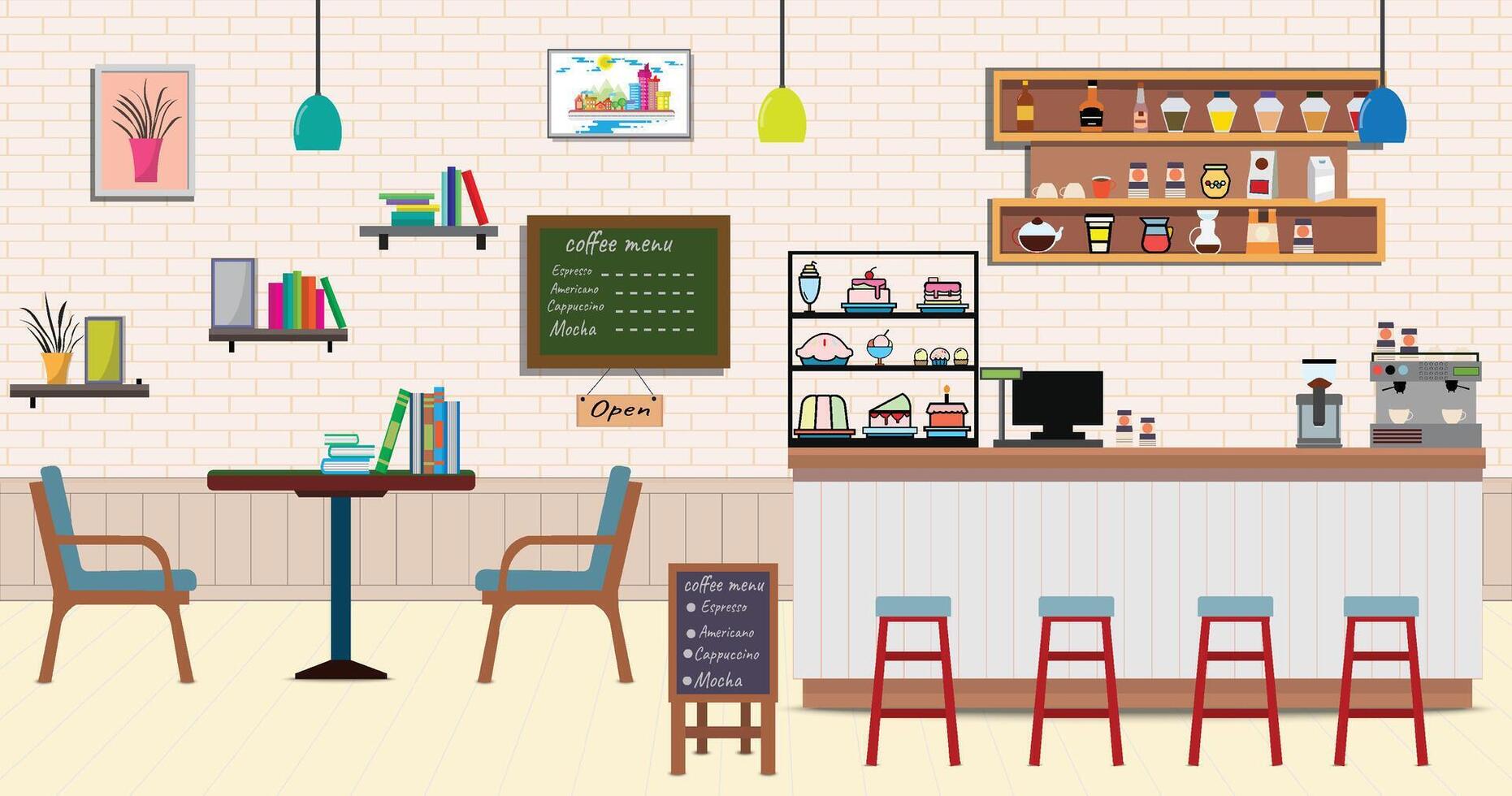 Coffee shop.Empty Cafe bar counter for serving coffee with cash box and menu board.sweet desserts,wooden counter, stools,sofas,Vector Coffee Shop and Cafe concept. vector