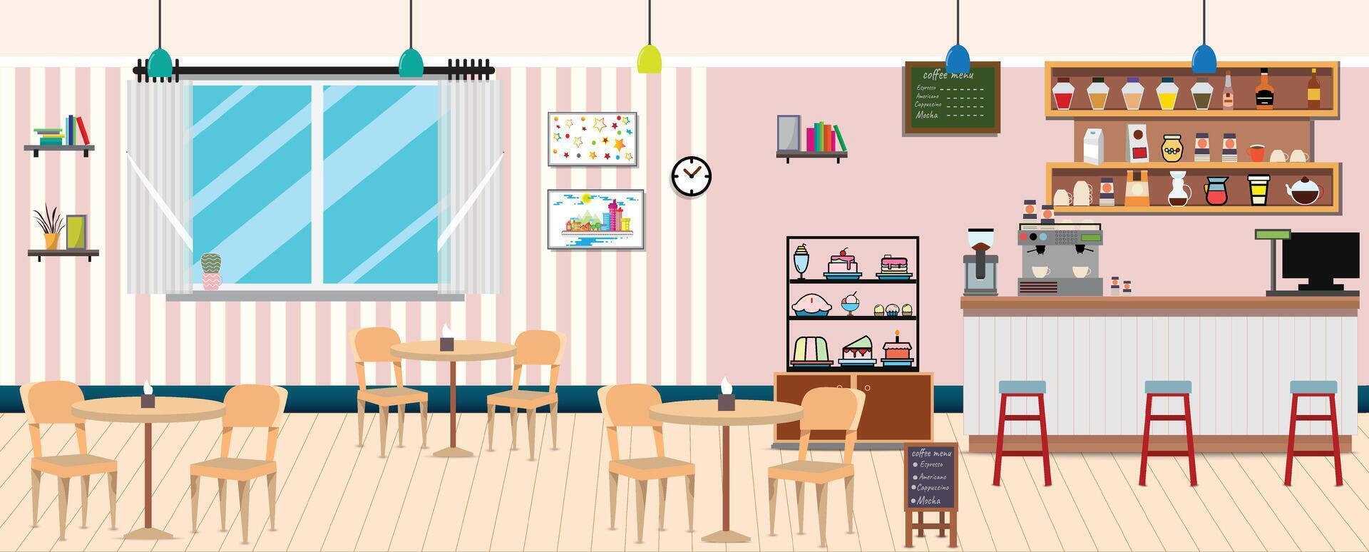 Coffee shop.Empty Cafe bar counter for serving coffee with cash box and menu board.sweet desserts,wooden counter, stools,sofas,Vector Coffee Shop and Cafe concept. vector