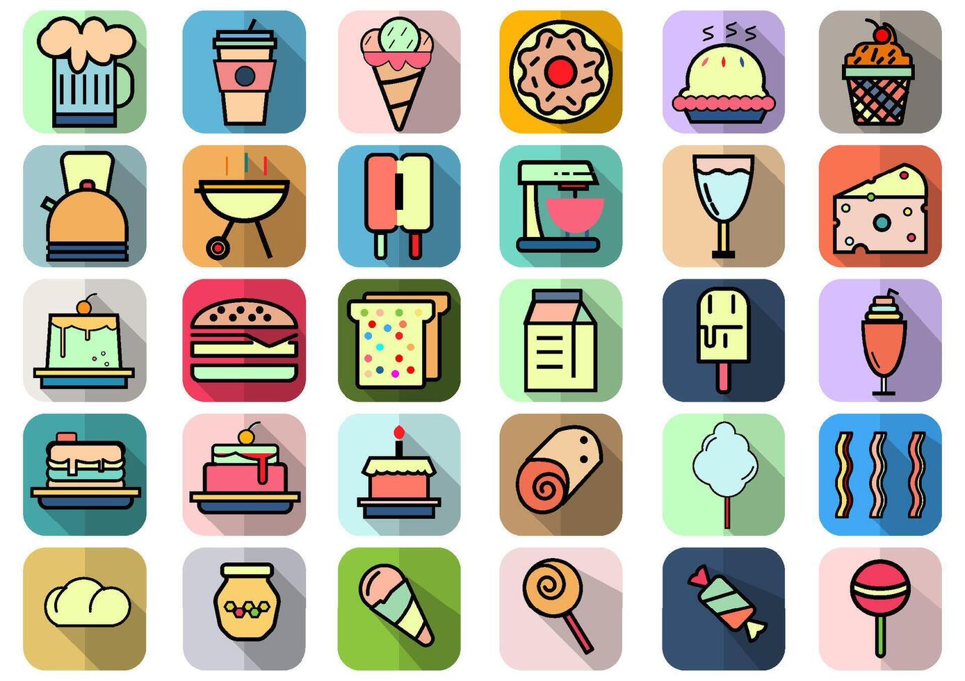 Food and dessert icons collection set.Included icons such as meat,desserts,fruits and breakfast burger with sausage,ice cream on stick.Vector meal and food concept. vector
