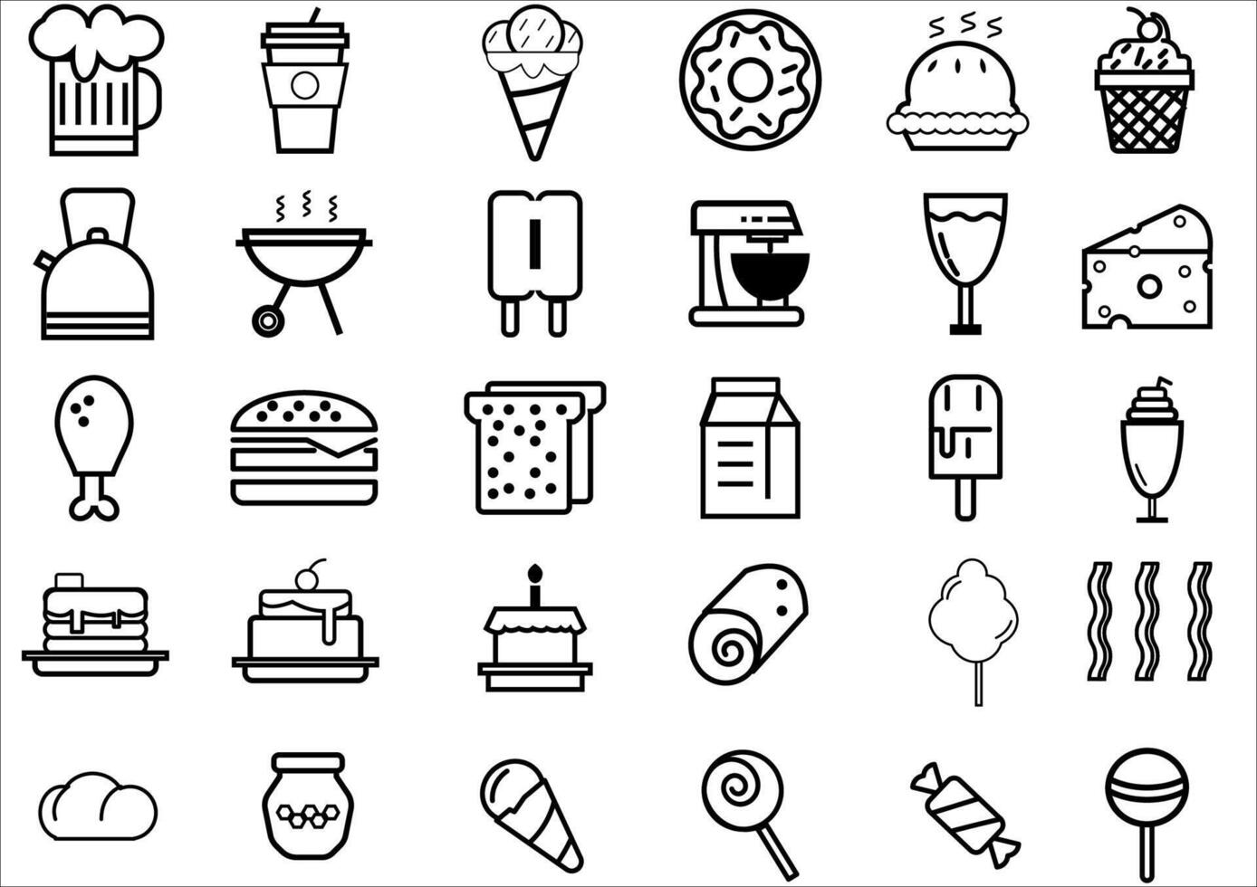Food and dessert icons collection set.Included icons such as meat,desserts,fruits and breakfast burger with sausage,ice cream on stick.Vector meal and food concept. vector
