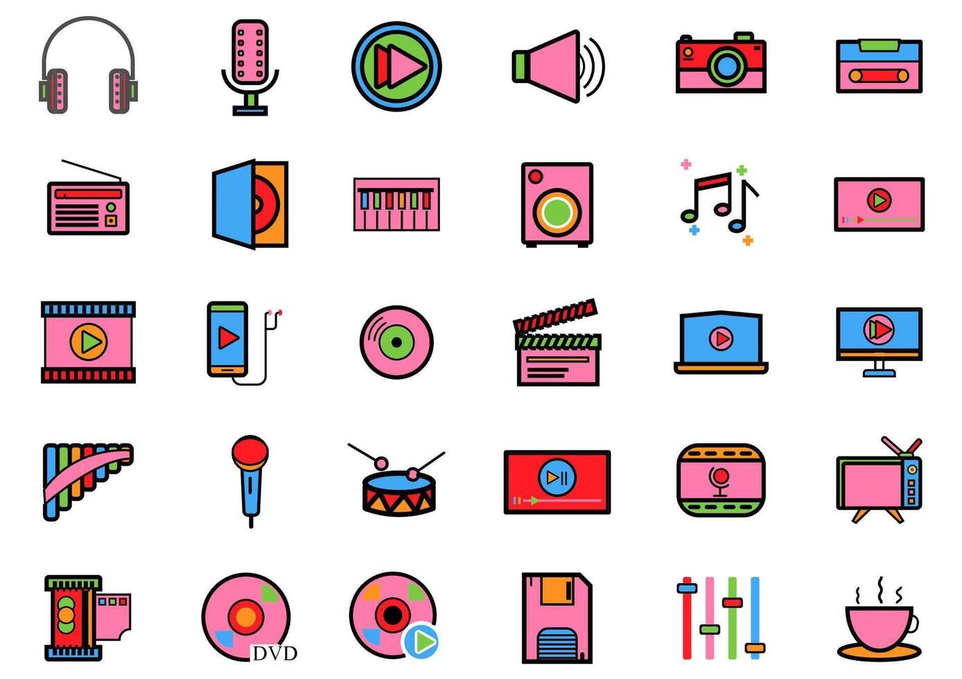 Music and Entertain icons set.Set of 30 icons for sound  such as cup of Coffee,Tv, equalizer,CD,DVD,computer,music note, loudspeaker.Vector voice and melody concept. vector
