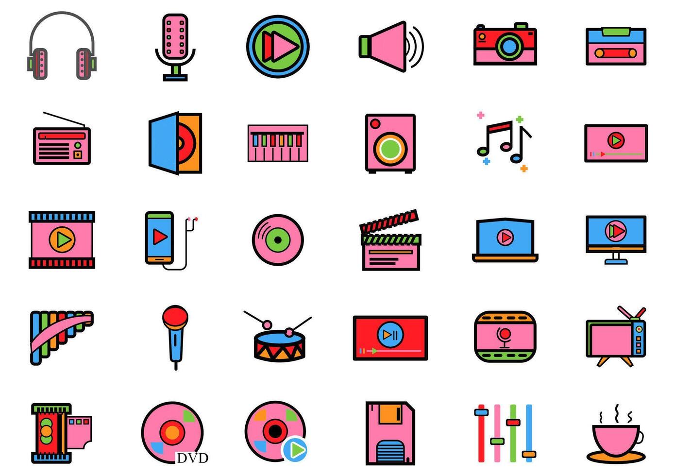 Music and Entertain icons set.Set of 30 icons for sound  such as cup of Coffee,Tv, equalizer,CD,DVD,computer,music note, loudspeaker.Vector voice and melody concept. vector