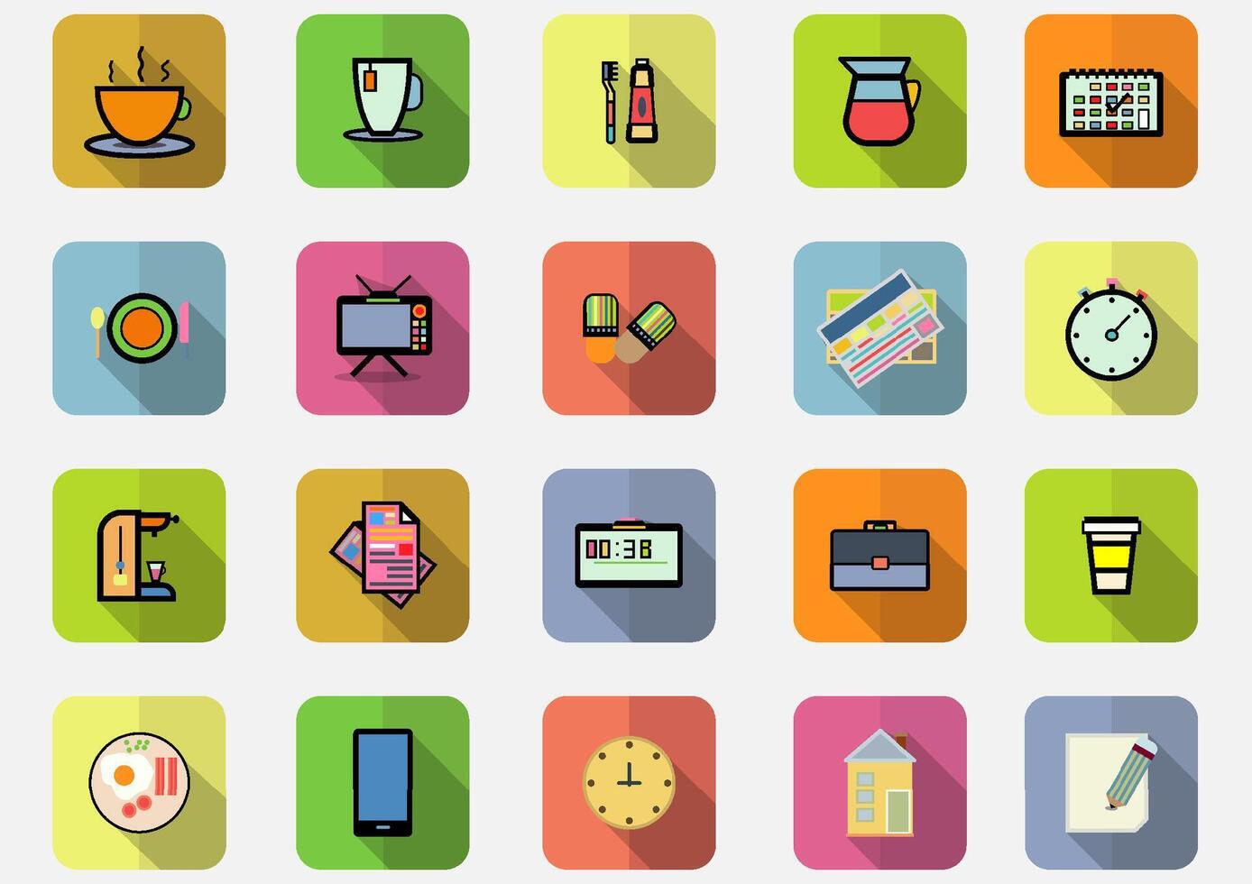 Good morning icons set and activity.time of activity Routine in morning icons set.Coffee,Tv, bag, newspaper,pot. Vector early morning and fresh concept.