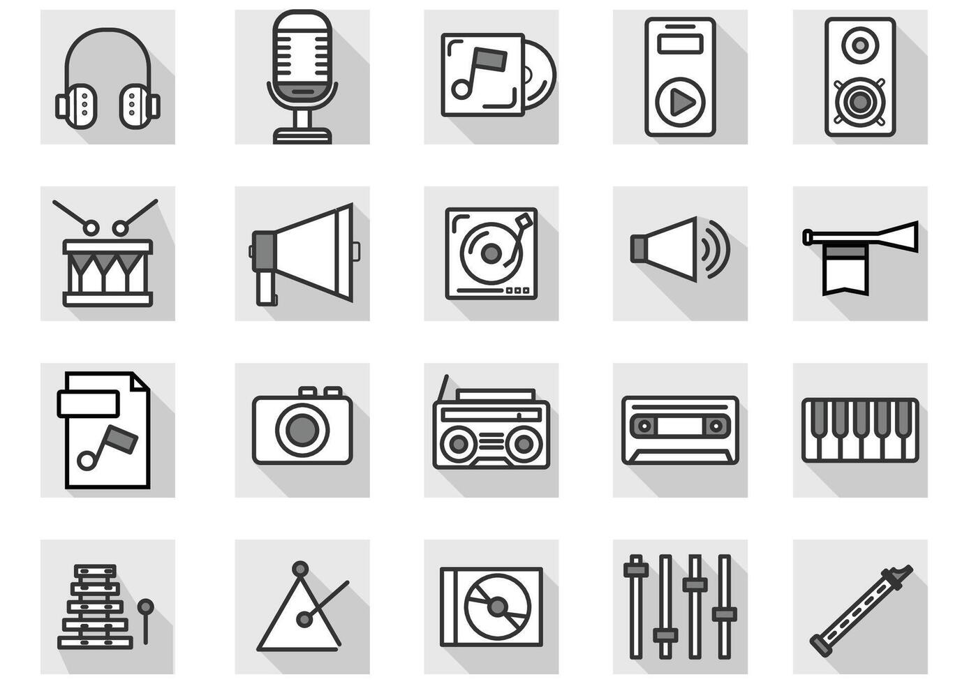 Music and Entertain icons set.Set of 30 icons for sound  such as cup of Coffee,Tv, equalizer,CD,DVD,computer,music note, loudspeaker.Vector voice and melody concept. vector