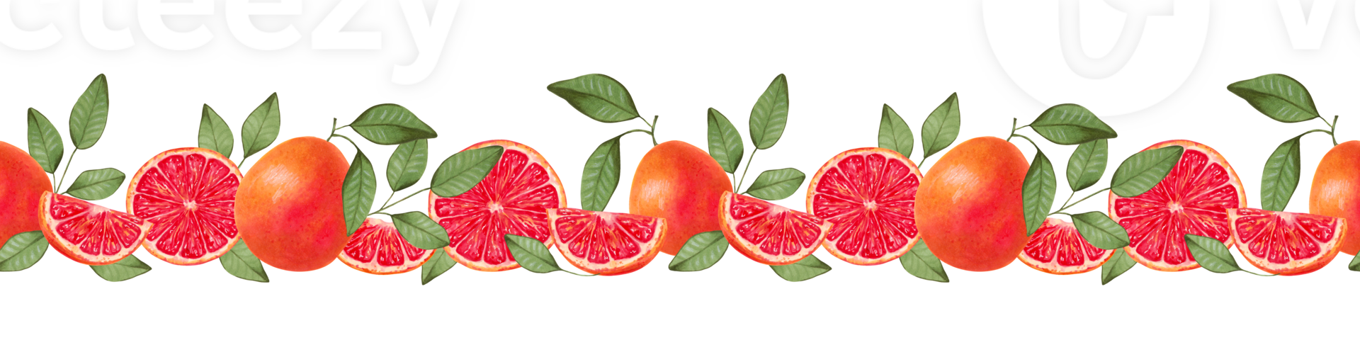 Seamless horizontal grapefruit border. Whole and sliced fruit with natural product leaves for decoration. Watercolor illustration. Citrus healthy food for vegans. Vitamin C.Hand drawing isolated. png