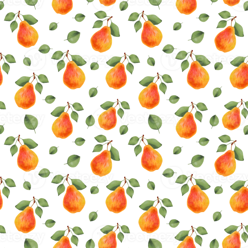 Seamless pattern of pears and leaves.Fruit background. Botanical works of art with delicious food for the design of packaging, fabrics. Watercolor and marker illustration.Hand drawn art. png