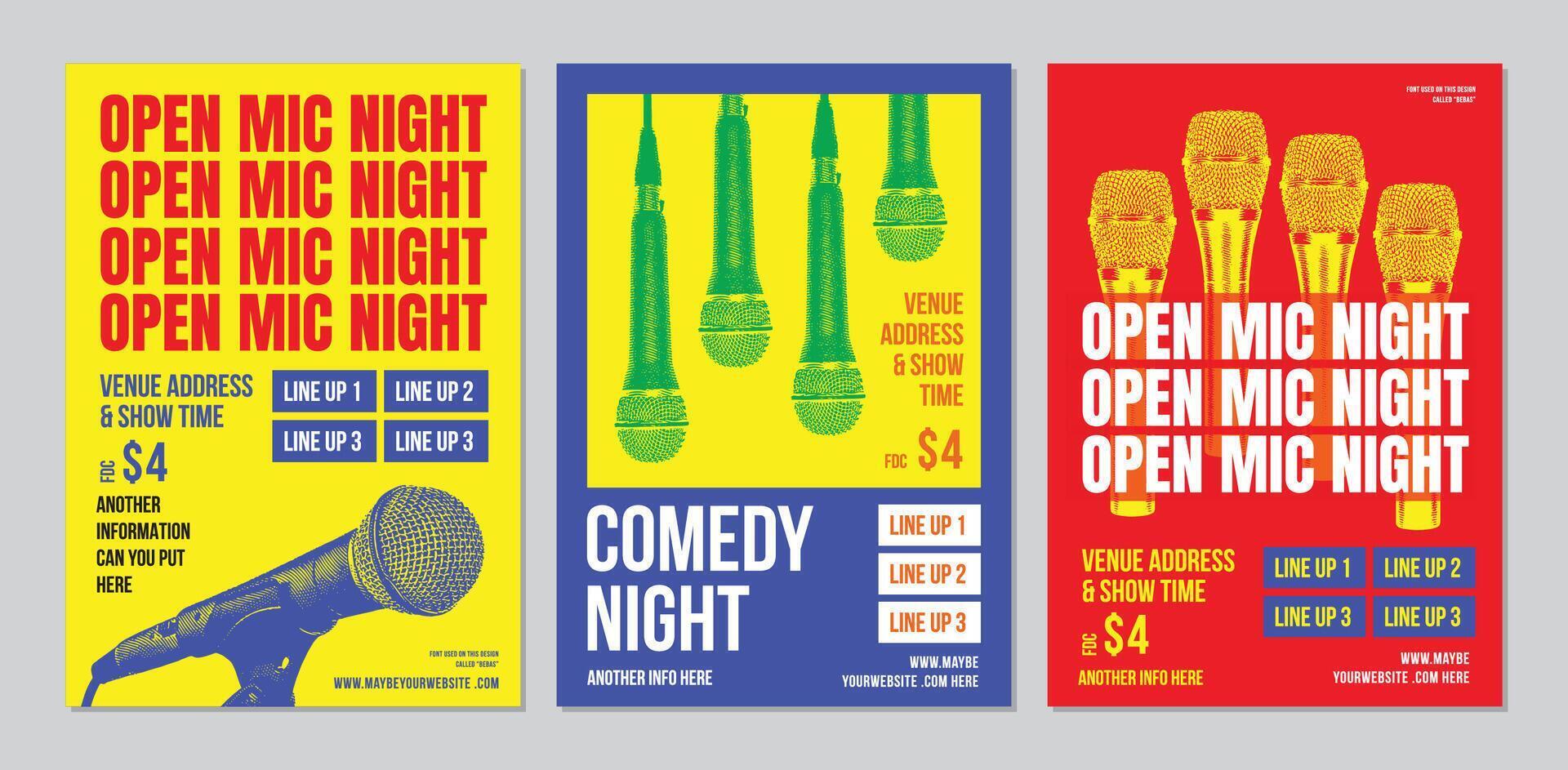 conjunto de abierto mic noche carteles, moderno y elegante diseño, independiente, En Vivo actuación comedia espectáculo, estar arriba comedia póster vector