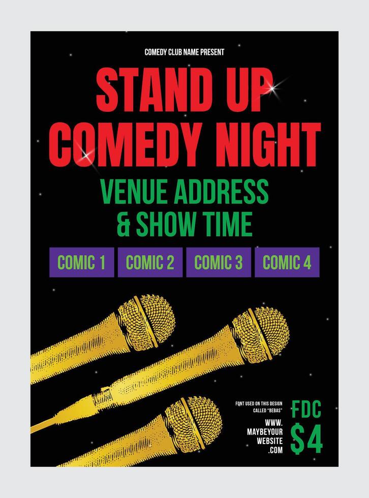 Modern Poster Card Of Stand Up Comedy Show. Shiny Microphone, Open mic night, black Background And Entertainment Depicted On Comedy Performance Banner. vector Illustration, gold mic