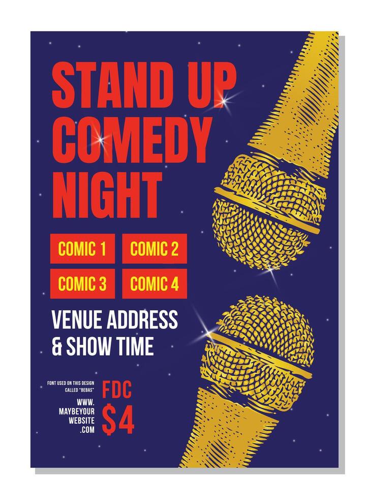 Stand Up Comedy Night live poster for comic or stand up comedy live performance poster or flyer vector