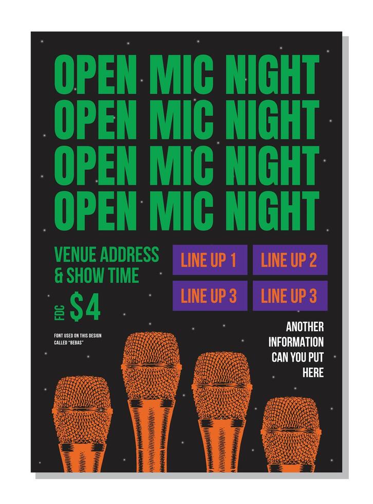 Modern Poster Card Of Stand Up Comedy Show Shiny Microphone Open mic night black Background vector