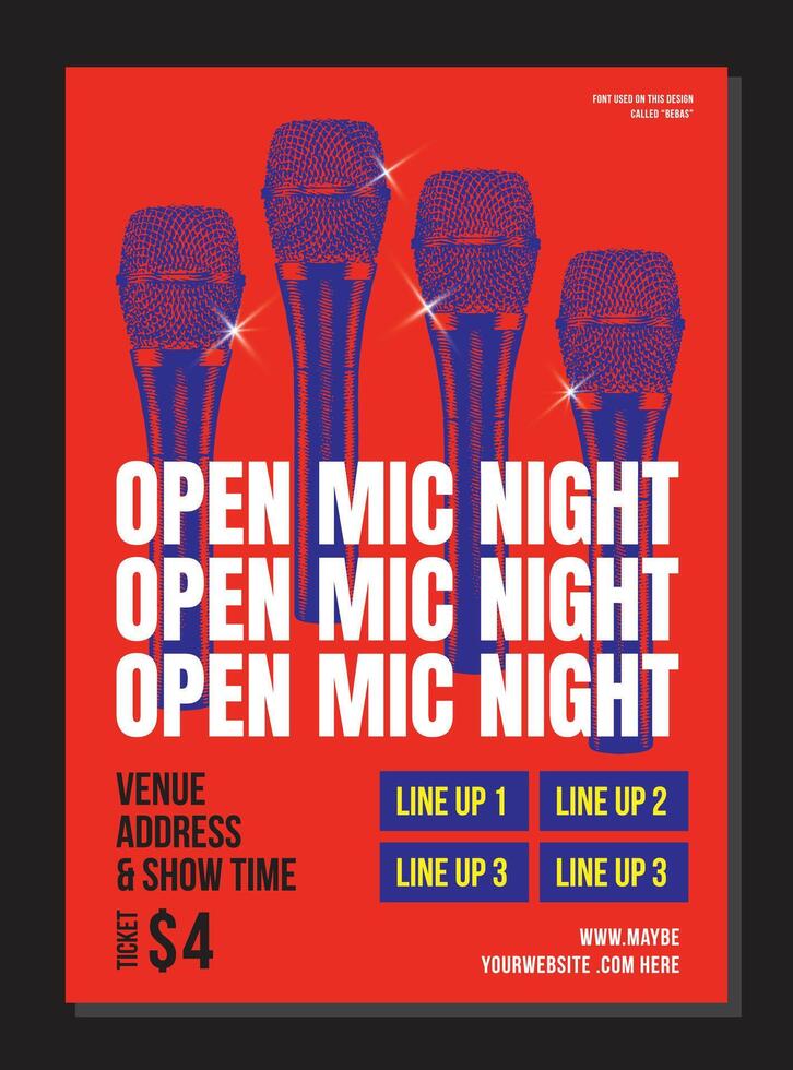 Modern Poster Card Of Stand Up Comedy Show. Shiny Microphone, Open mic night, Red Background And Entertainment Depicted On Comedy Performance Banner. vector Illustration