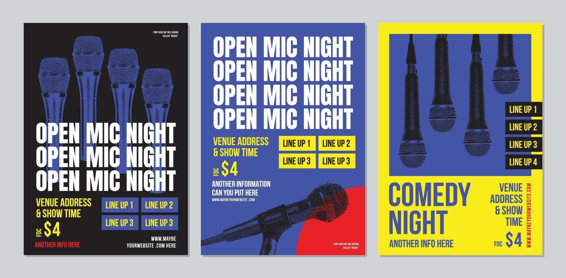 Open mic night poster, stand up comedy show poster or flyer or banner design, flyer template with microphone and bright elements, three set of posters composition on grey background. Vector