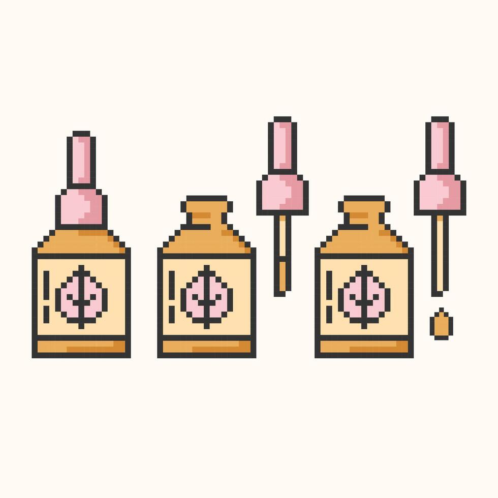 Dropper bottle with serum or oil, pixel art icons set. Closed, Opened vial with drop, herbal liquid package.Make-up and cosmetology concept.Vector illustration eps10. vector