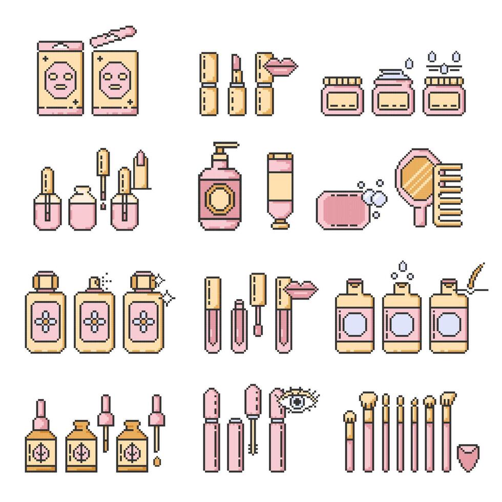 Cosmetics icons set pixel art.Makeup illustration sign collection.Various different Skin and body care products and simple instructions. Packaging in different shapes for skincare products. Vector