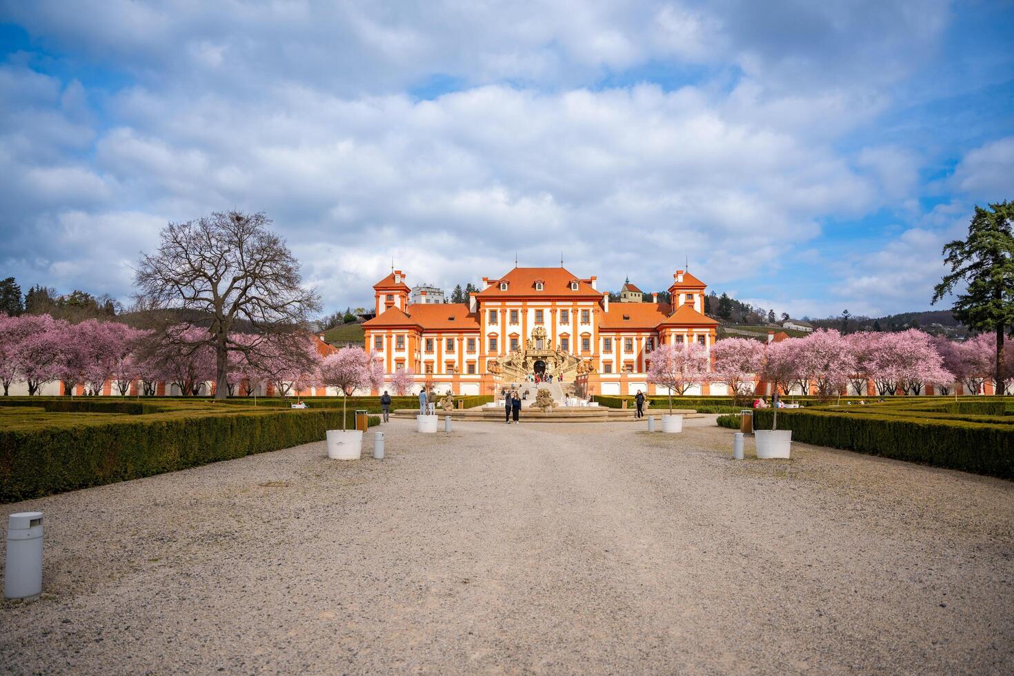 Prague, Czech Republic - March 17, 2024. Troja palace in spring with blooming sakura in Prague, Czech Republic. High quality photo