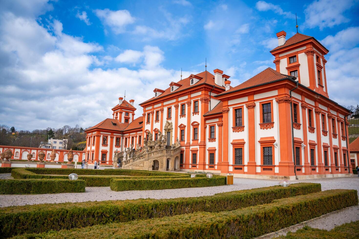 Prague, Czech Republic - March 17, 2024. Troja palace in spring with blooming sakura in Prague, Czech Republic. High quality photo