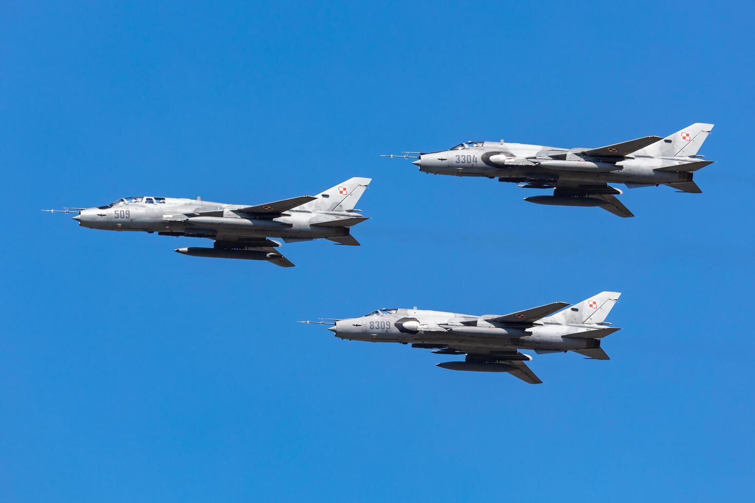 Radom, Poland, 2023 - Polish Air Force Lockheed Sukhoi Su-22 Fitter fighter jet plane flying. Aviation and military aircraft. photo