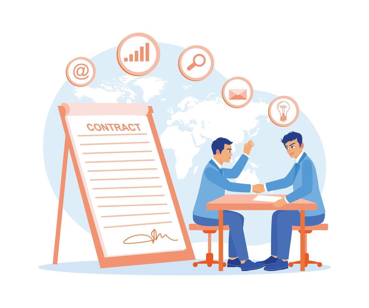PrintBusiness people shaking hands on the table. Approve and sign business contracts. Contract agreement concept. Flat vector illustration.