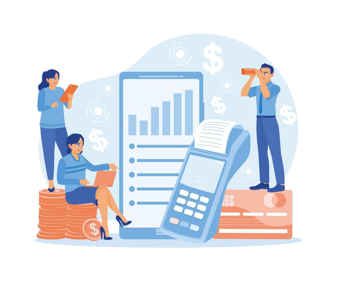 PrintNon-cash transaction vector illustration. EDC displays transaction data. Debit or credit card, coins, monetary currency, and NFC payment concepts. Financial Transactions concept.