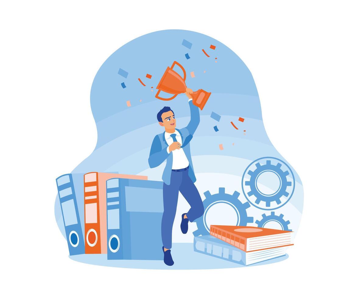 Man celebrates success by holding the trophy. Dancing with the decoration of some documents and ger. Success Business concept. Flat vector illustration.