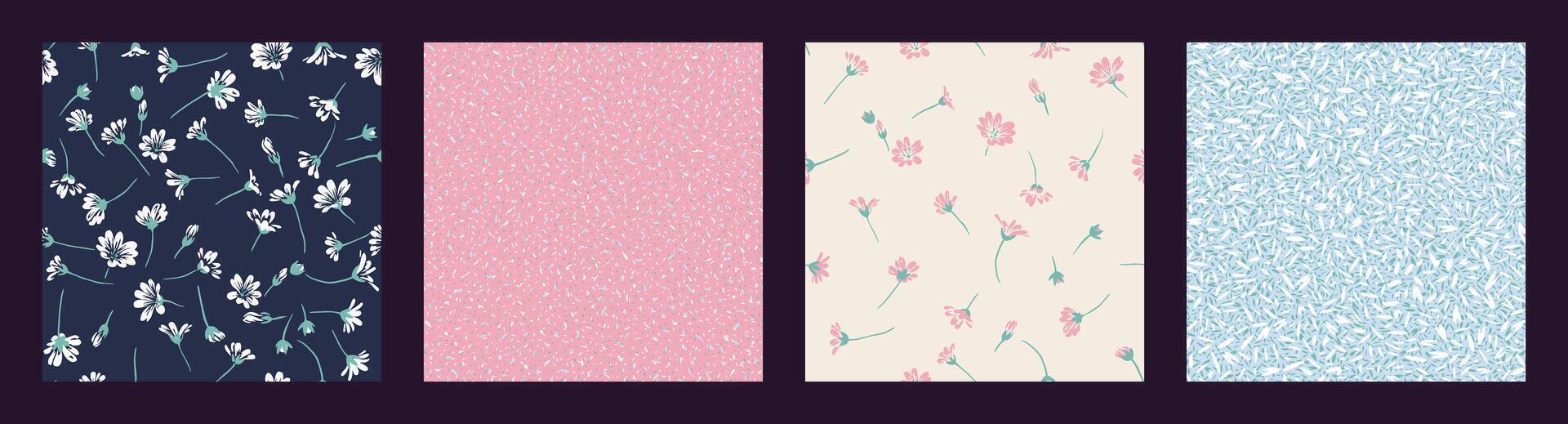 Pastel pink collage of set seamless patterns with simple abstract ditsy daisy flowers. Vector hand drawn sketch shape, silhouettes gently floral, random spots, polka dots.Templates for design