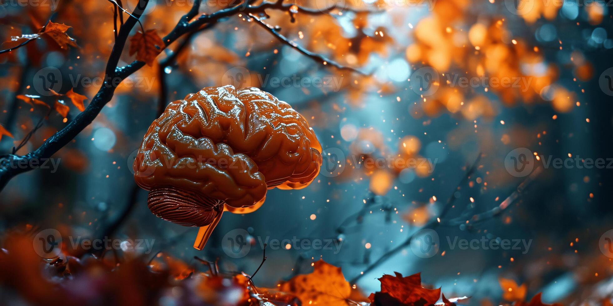 AI generated Autumn leaves remind us of the brain disorder, Alzheimer's, and the need for awareness of dementia and Parkinson's disease diagnosis. photo