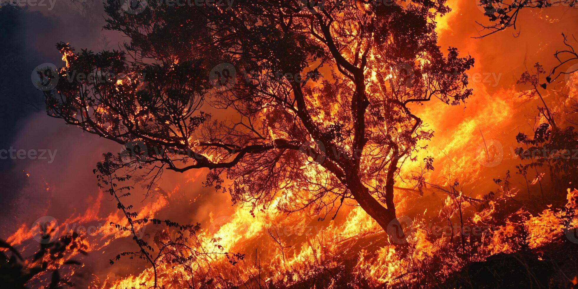 AI generated A blazing tree engulfed in flames, a deadly forest fire posing a threat to nearby roads and vehicles with occupants. photo