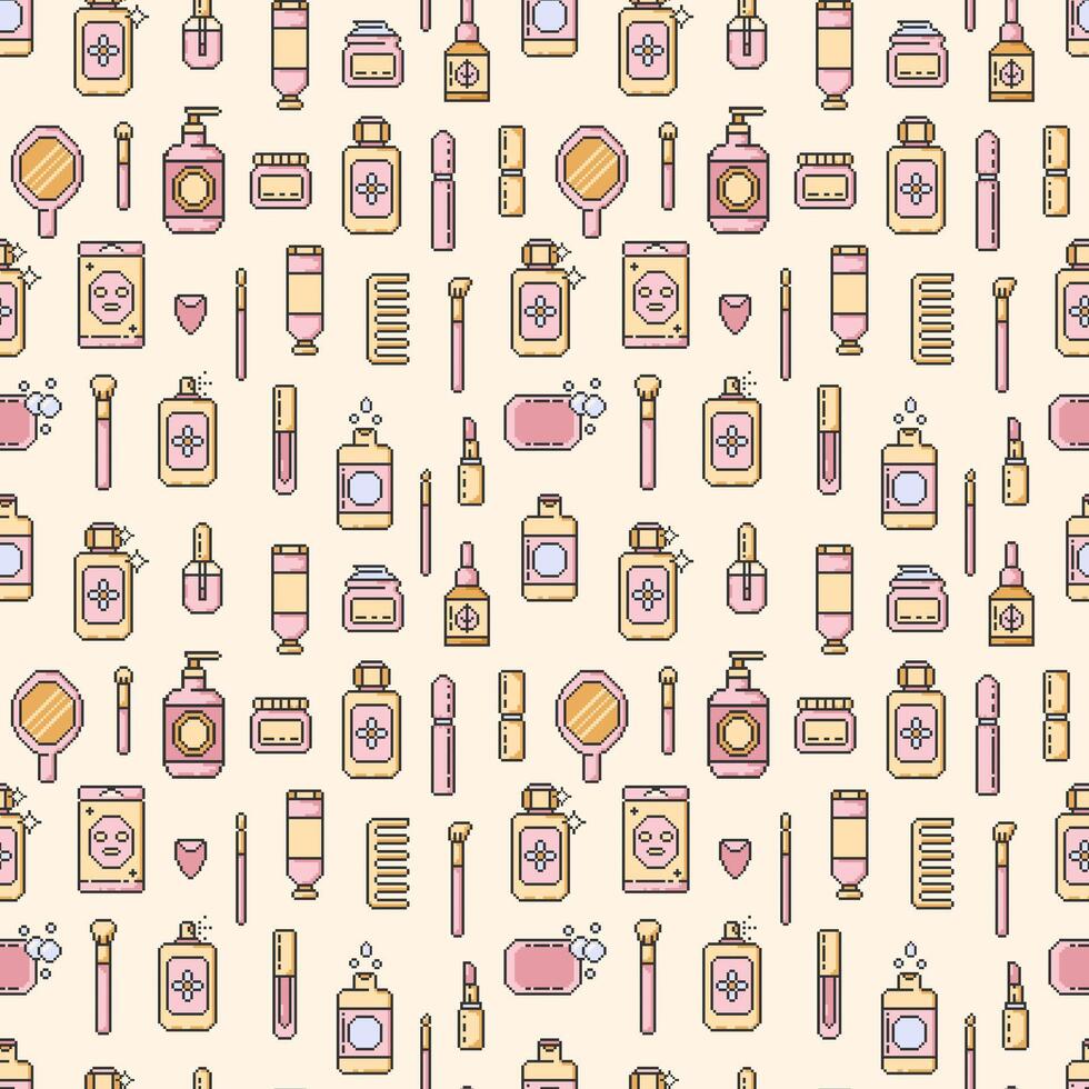 Seamless pattern makeup beauty cosmetic element,mascara,cream bottle,nail product,brush and ect.Pixel art style.Make-up element illustration for wallpaper,background,textile.Vector illustration EPS 10 vector