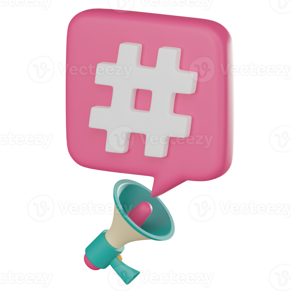 Viral Voice 3D Icon of Megaphone and Hashtags for Online Promotion.3D Render png