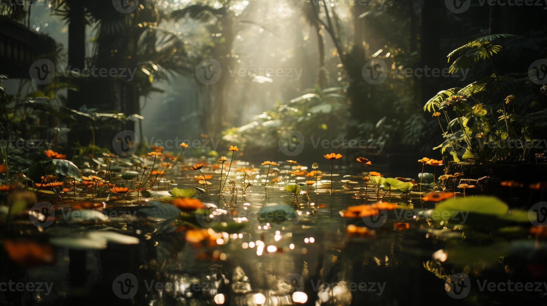 AI generated Morning sunlight filtering through leaves creates a mesmerizing play of light and shadow photo