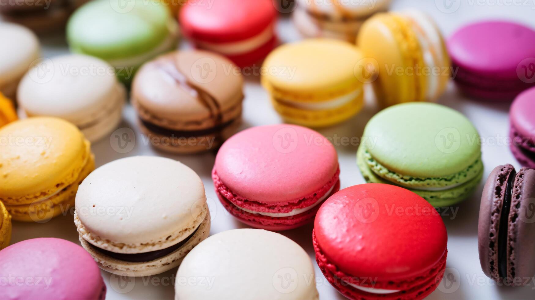 AI generated An up-close view of vibrant macarons placed artfully on a marble table - ideal for food writers and sweet lovers. photo