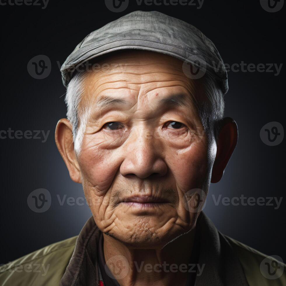 AI generated An aged Asian chap mulls and gazes into the lens in a studio up-close. photo