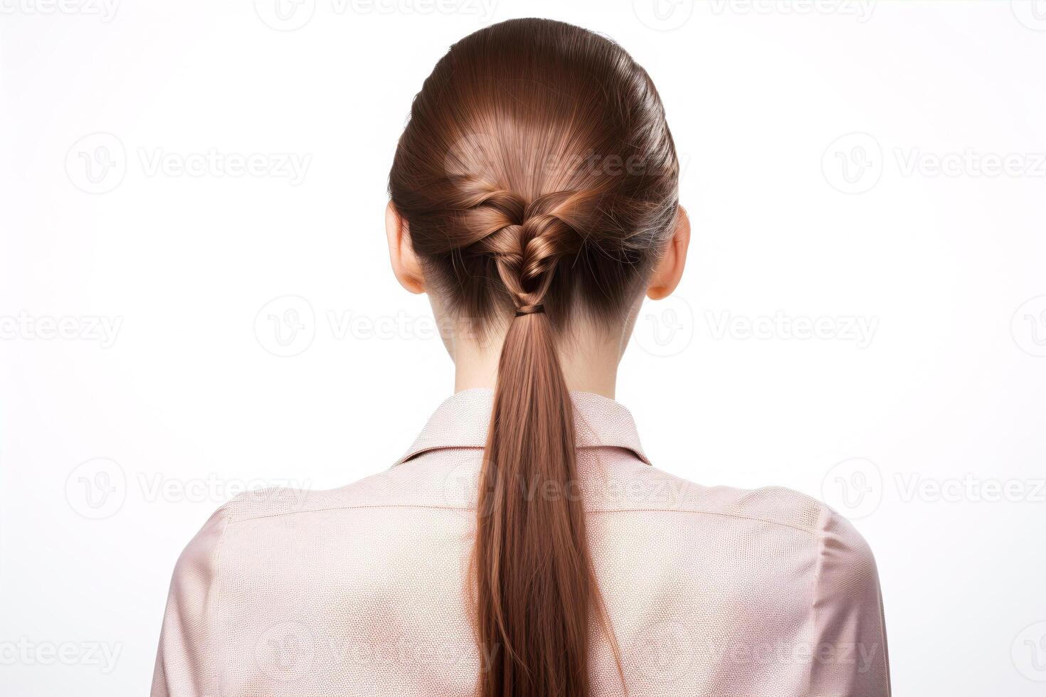 AI generated A young lady with various ponytails stands apart on a white backdrop. photo