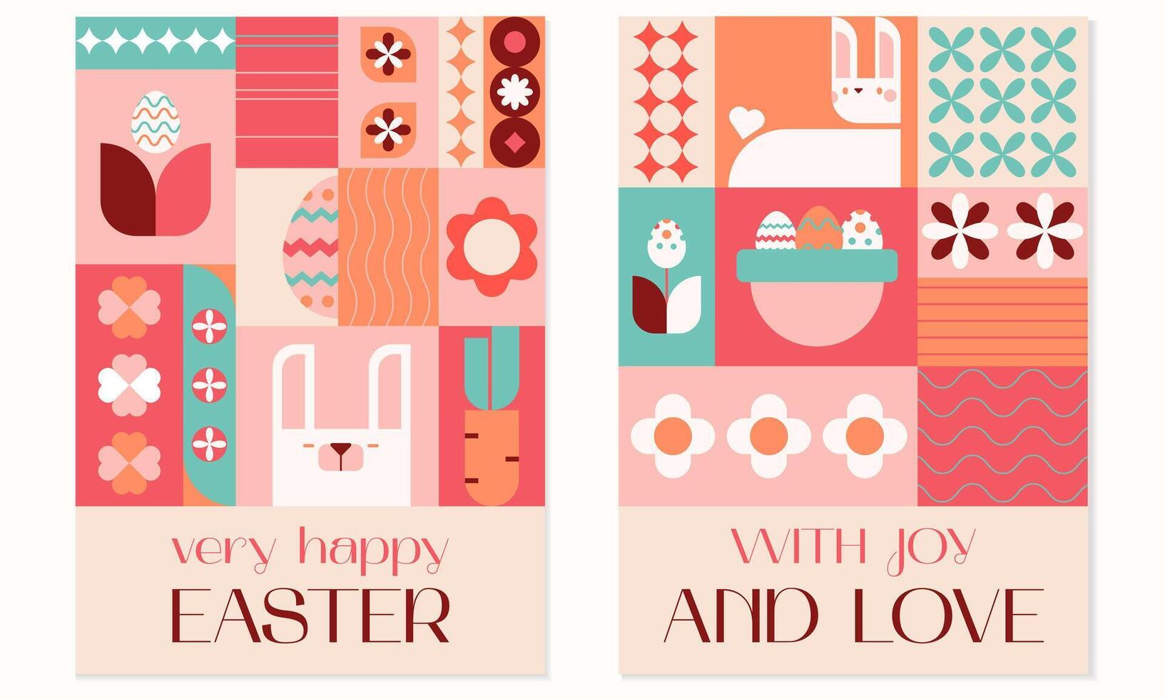 Happy Easter with joy and love geometric square bright flat greeting cards set. Easter eggs,rabbits,basket,eggs hunt.Vector illustration EPS 10 vector