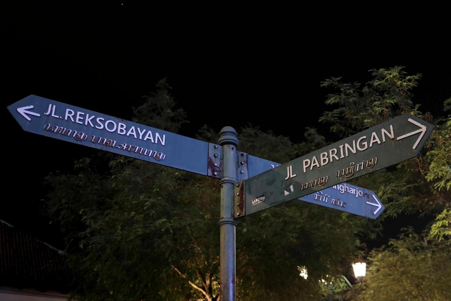 Road sign with text on Jalan Pasar Bringharjo at night, Yogyakarta, Indonesia photo