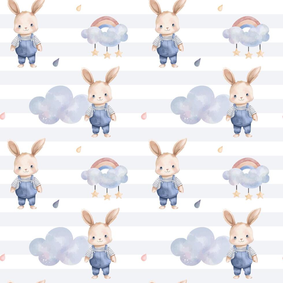 Seamless pattern with watercolor rabbit, rainbows clouds. Cute childish print. Springtime background in pastel colors vector