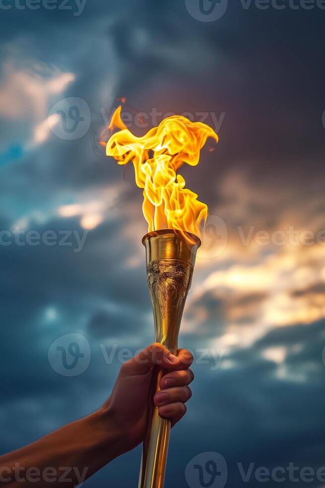 AI generated Olympic Torchbearers Hand Against Moody Parisian Sky photo